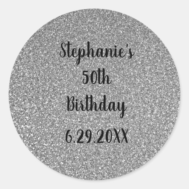 Glittery Grey Silver Custom Happy Birthday Name Classic Round Sticker (Front)