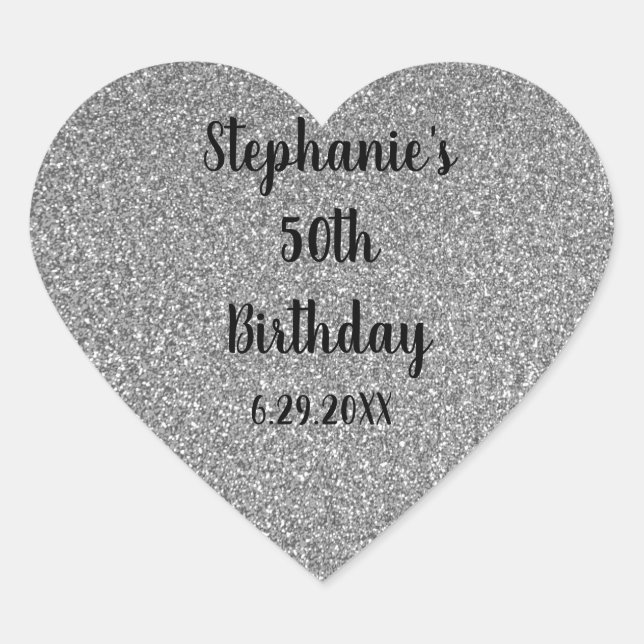 Glittery Grey Silver Custom Happy Birthday Name Heart Sticker (Front)