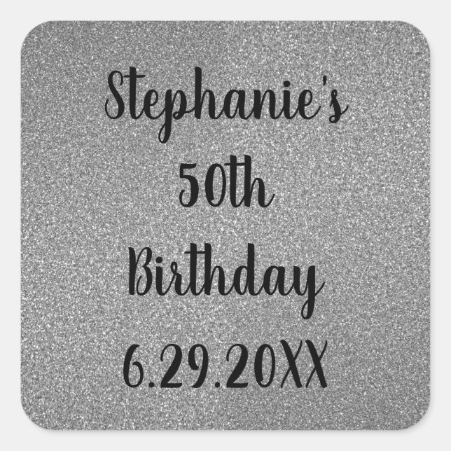 Glittery Grey Silver Custom Happy Birthday Name Square Sticker (Front)