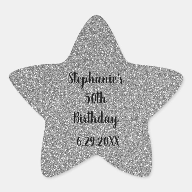 Glittery Grey Silver Custom Happy Birthday Name Star Sticker (Front)