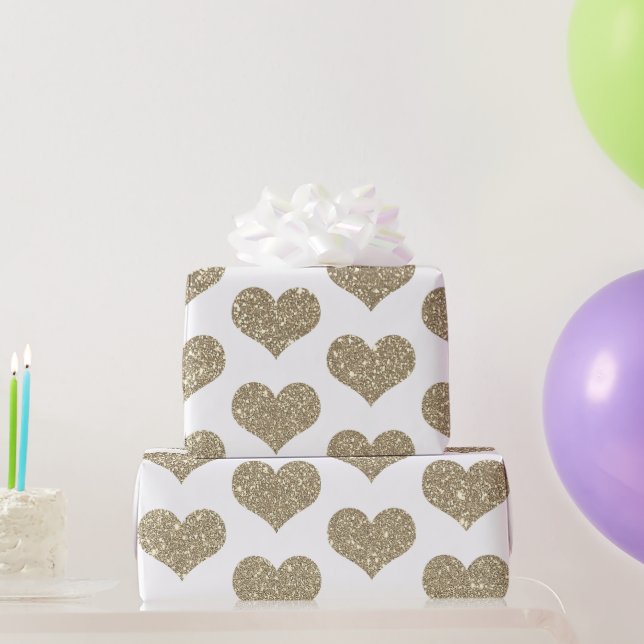 Glittery Heart Patterns Gold Golden White Sparkle Wrapping Paper (Party Gifts)