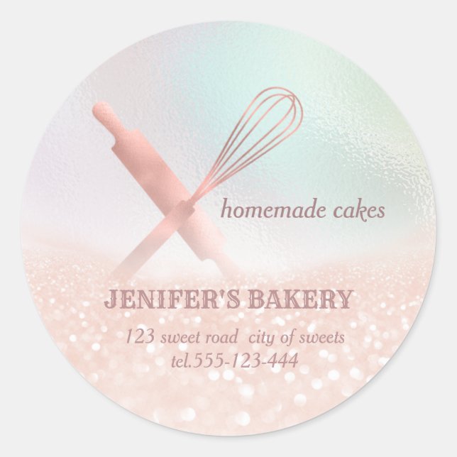 Glittery holograph rolling pin & whisk chef bakery classic round sticker (Front)