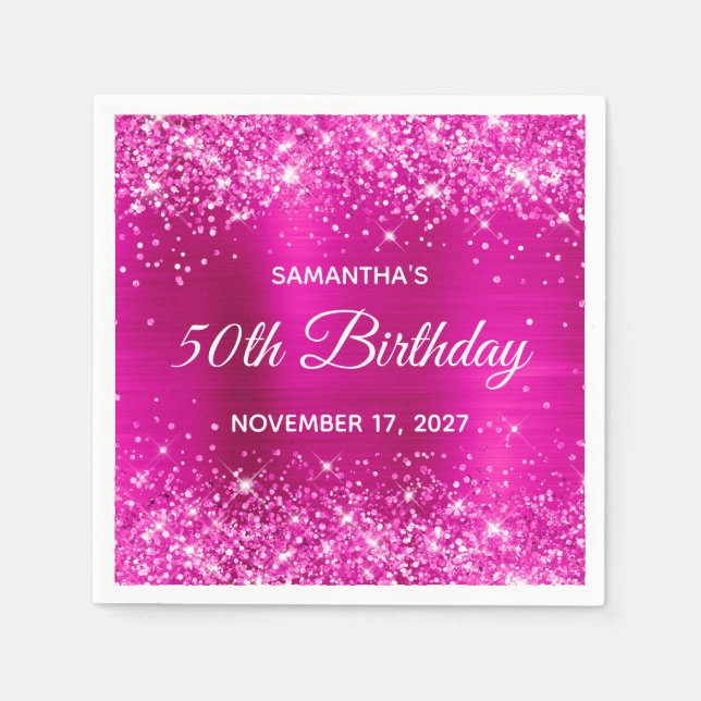 Glittery Hot Pink Foil 50th Birthday Napkin (Front)