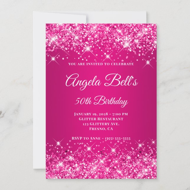 Glittery Hot Pink Raspberry Monogram 50th Birthday Invitation (Front)