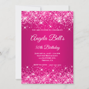 Glittery Hot Pink Raspberry Monogram 50th Birthday Invitation
