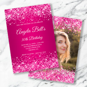 Glittery Hot Pink Raspberry Ombre Photo Invitation