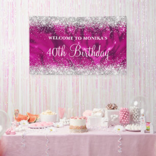 Glittery Hot Pink Silver 40th Birthday Welcome Banner
