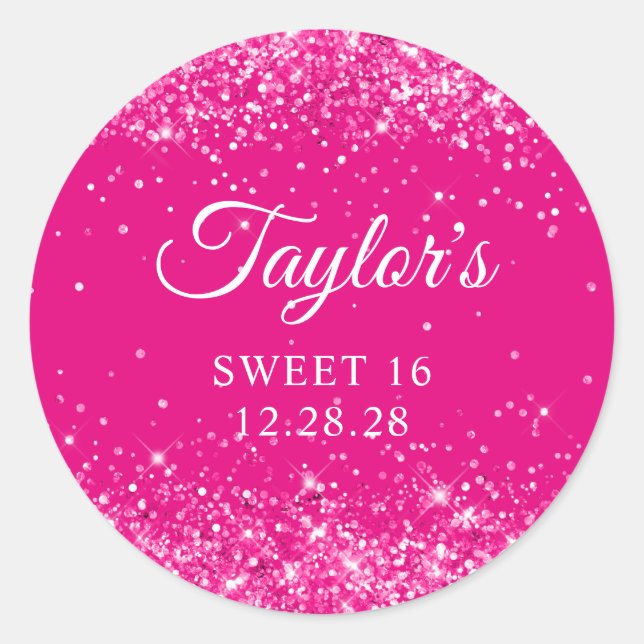 Glittery Hot Pink Sweet 16 Classic Round Sticker (Front)
