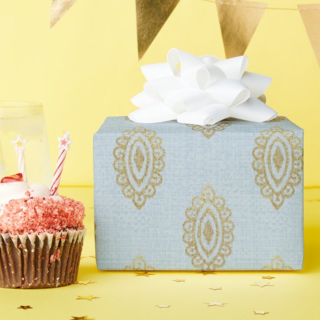 Glittery Ikat Medallion - Sky Blue & Gold Wrapping Paper (Birthday Party)