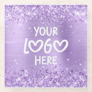 Glittery Lavender Faux Foil Business Logo Glass Coaster