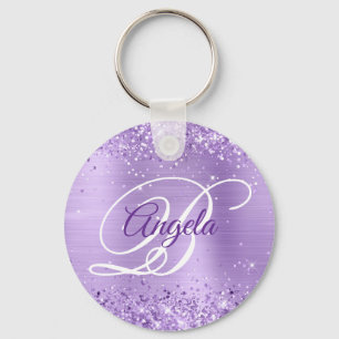 Glittery Lavender Foil Fancy Monogram Keychain