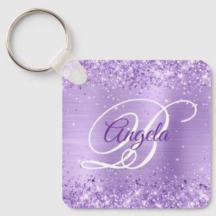 Glittery Lavender Foil Fancy Monogram Keychain