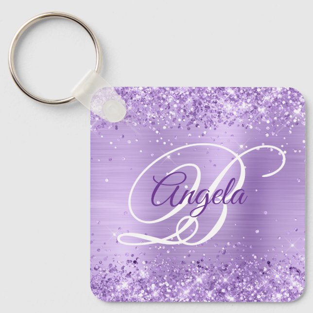 Glittery Lavender Foil Fancy Monogram Keychain (Front)