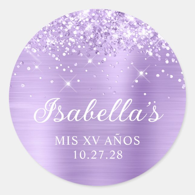 Glittery Lavender Foil Mis XV Años Classic Round Sticker (Front)