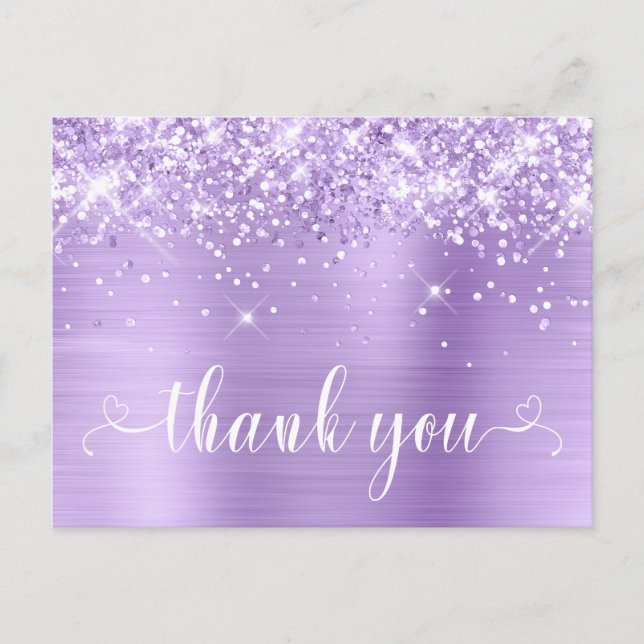 Glittery Lavender Sweet 16 Hearts Thank You Postcard (Front)