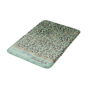 Glittery Leopard Print on Glossy Green  Bath Mat