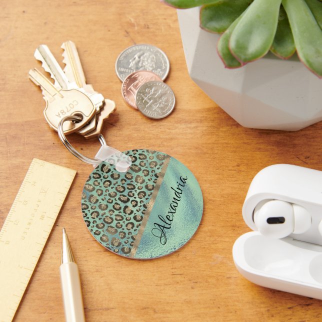 Glittery Leopard Print on Glossy Green   Keychain (Desk)