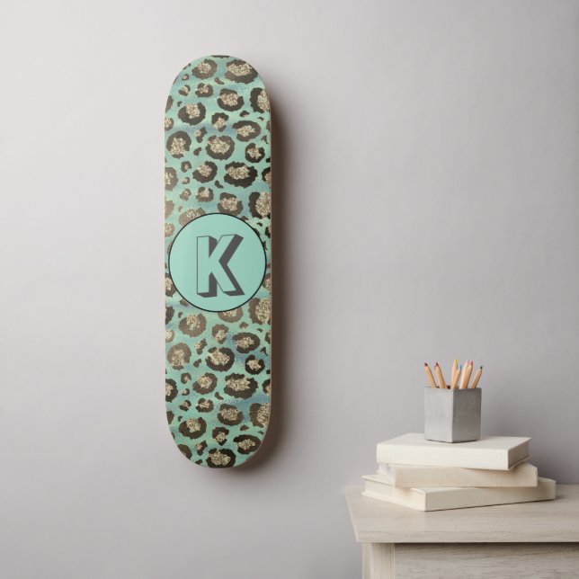 Glittery Leopard Print on Glossy Green Monogram  Skateboard (Wall Art)