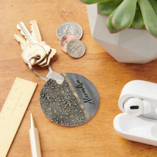 Glittery Leopard Print on Glossy Grey  Keychain