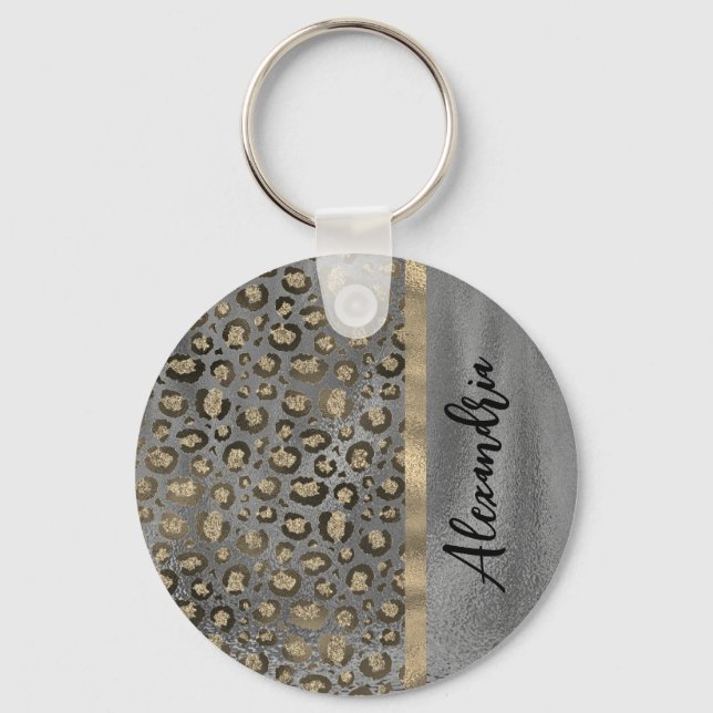 Glittery Leopard Print on Glossy Grey  Keychain (Front)