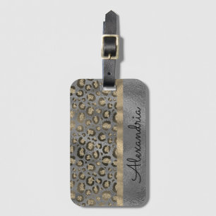 Glittery Leopard Print on Glossy Grey Luggage Tag