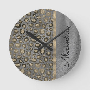Glittery Leopard Print on Glossy Grey Round Clock