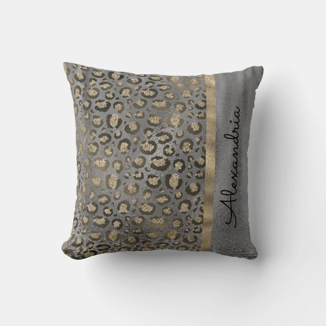 Glittery Leopard Print on Glossy Grey Throw Pillow (Front)
