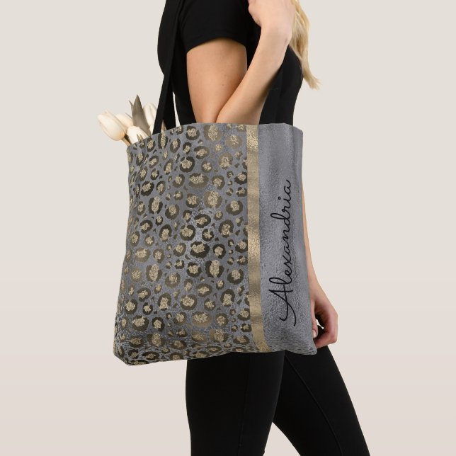 Glittery Leopard Print on Glossy Grey Tote Bag (Close Up)
