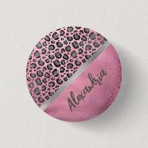 Glittery Leopard Print on Glossy Hot Pink   1 Inch Round Button