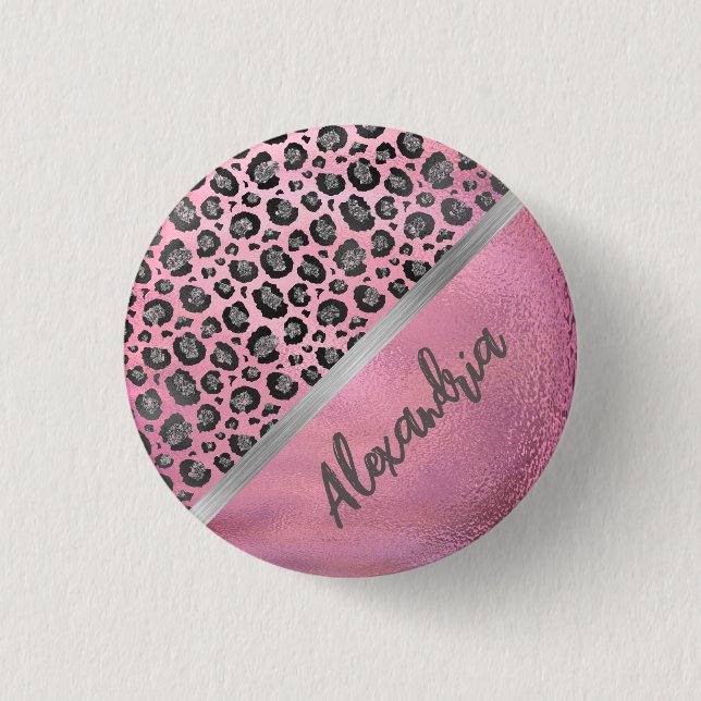 Glittery Leopard Print on Glossy Hot Pink   1 Inch Round Button (Front)