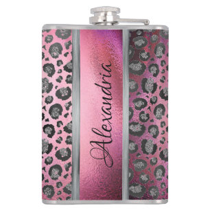 Glittery Leopard Print on Glossy Hot Pink Hip Flask