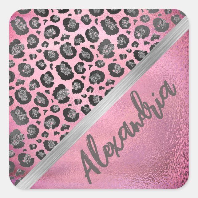 Glittery Leopard Print on Glossy Hot Pink   Square Sticker (Front)