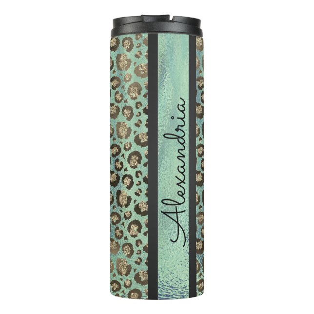 Glittery Leopard Print on  Green Personalized Thermal Tumbler (Back)