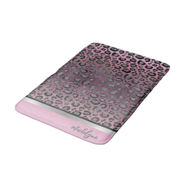 Glittery Leopard Print on Hot Pink  Bath Mat (Angled)