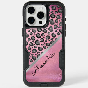 Glittery Leopard Print on Hot Pink Personalized iPhone 15 Pro Max Case