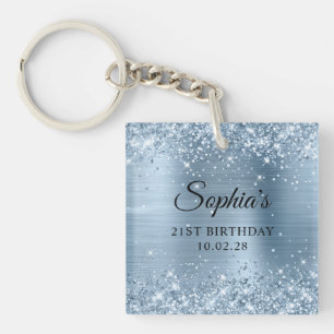 Glittery Light Blue Foil 21st Birthday Photo Keychain