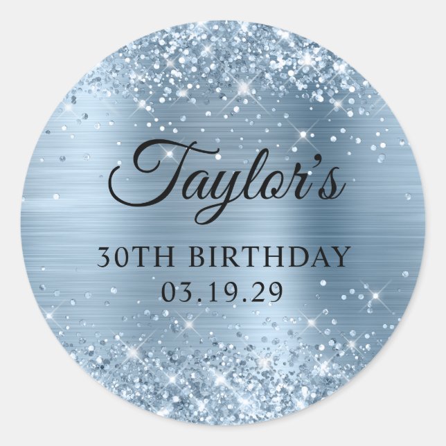 Glittery Light Blue Foil 30th Birthday Classic Round Sticker (Front)