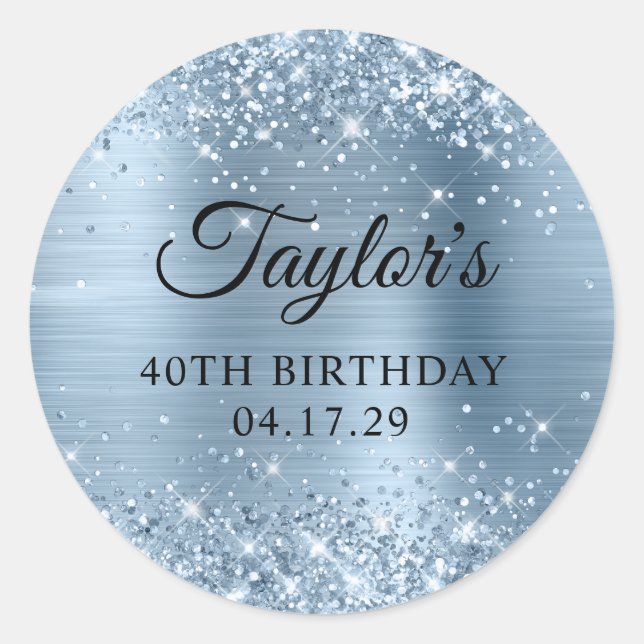 Glittery Light Blue Foil 40th Birthday Classic Round Sticker (Front)