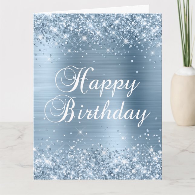 Glittery Light Blue Foil Big Happy Birthday Card (Front)