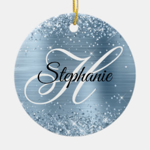 Glittery Light Blue Foil Fancy Monogram Ceramic Ornament