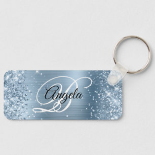 Glittery Light Blue Foil Fancy Monogram Keychain