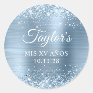 Glittery Light Blue Foil Mis XV Anos Classic Round Sticker