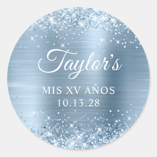 Glittery Light Blue Foil Mis XV Anos Classic Round Sticker (Front)