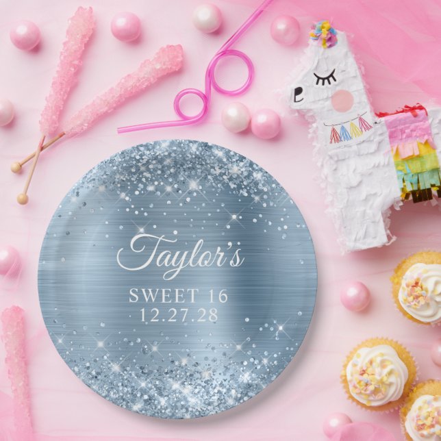 Glittery Light Blue Foil Sweet 16 Paper Plate (Party)