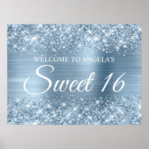 Glittery Light Blue Foil Sweet 16 Welcome Poster