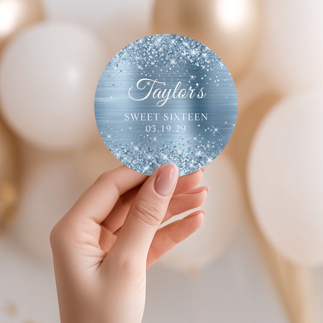 Glittery Light Blue Foil Sweet Sixteen Classic Round Sticker (Glittery Light Blue Foil Sweet Sixteen Classic Round Sticker)