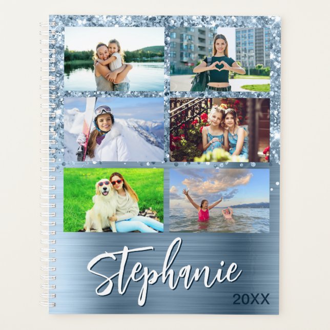 Glittery Light Blue Glam 14 Photo Collage Planner (Front)