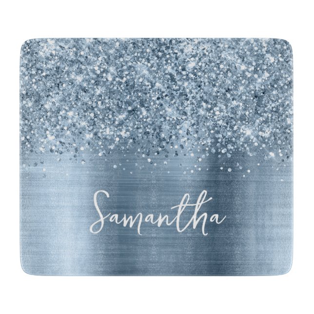 Glittery Light Blue Glam Name Cutting Board (Front)