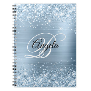 Glittery Light Blue Metallic Fancy Monogram Notebook
