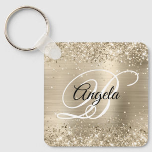 Glittery Light Gold Foil Fancy Monogram Keychain